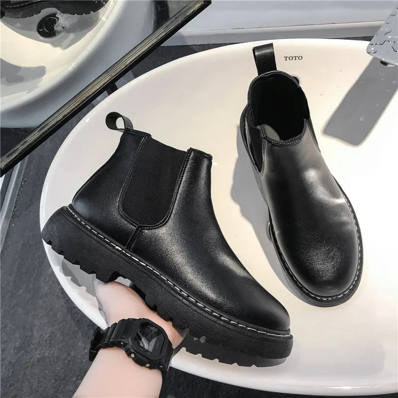 Mens Handmade Leather Chelsea Boots Elastic Sides Business Casual Dress Shoes Anti Slip Sole Comfortable Black Footwear