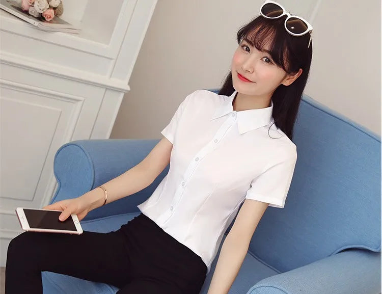 Fashion White Shirts Woman 2025 Autumn Short Sleeve Blouse Solid Ladies Tops OL Female Clothing  Basic Work Shirt Women's Blouse SwiftNest