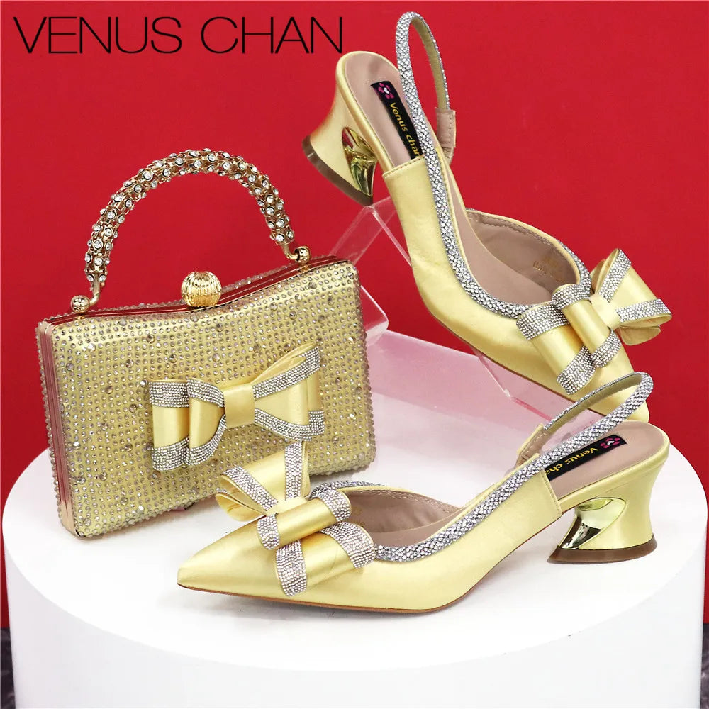 مجموعة أحذية وحقائب يد مدببة بمقدمة مدببة باللون الأخضر الزيتوني، أحذية بكعب متوسط ​​للنساء، مطرزة بأحجار الراين بتصميم إيطالي