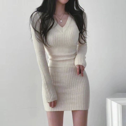 Women's Vintage Warm Thick Knitted Sweater Dress Bodycon Elegant Solid Color Apricot Autumn Winter Fashion