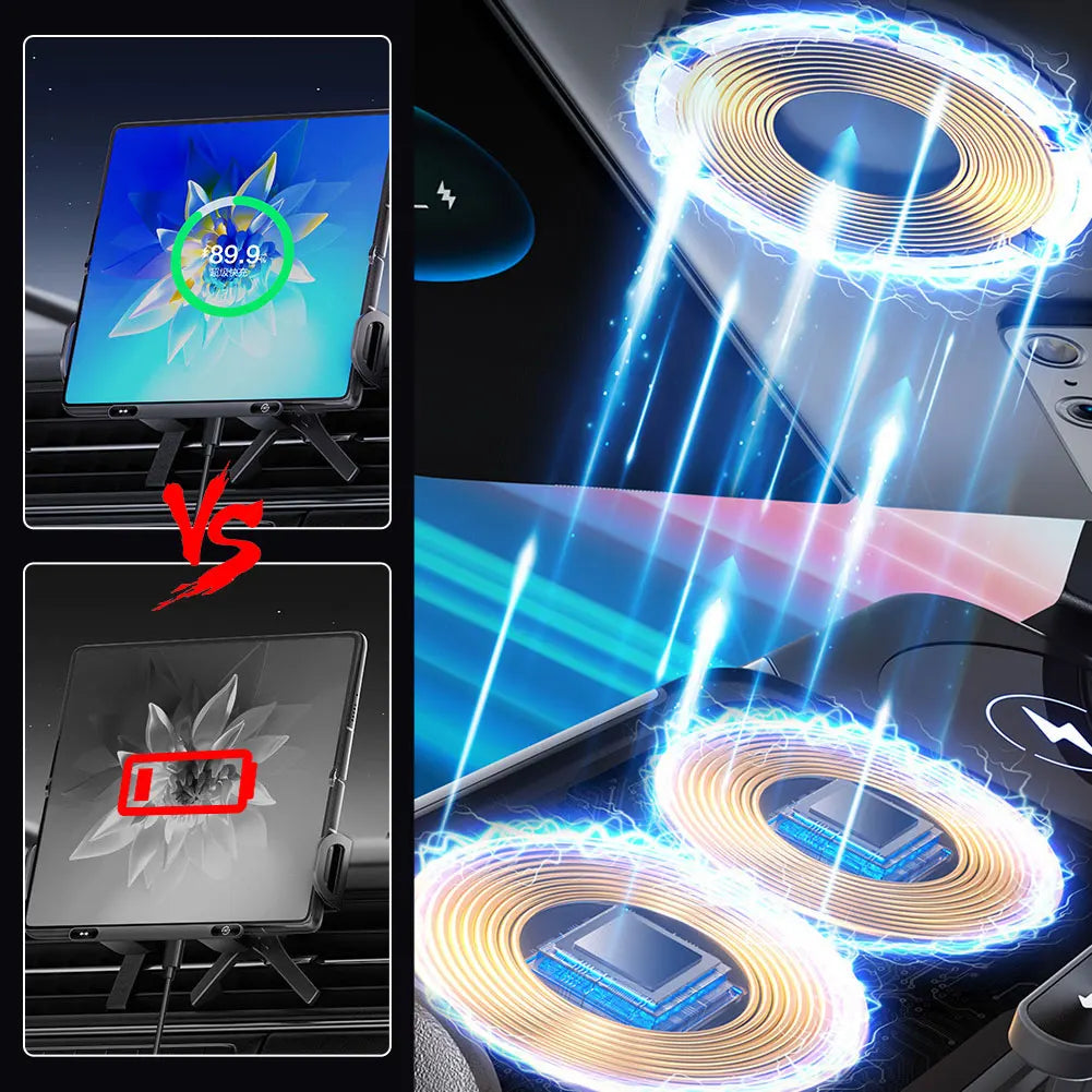 شاحن سيارة لاسلكي 15 وات، حامل هاتف بشاشة قابلة للطي بملف مزدوج، دوران باللمس، مناسب للهواتف الذكية/الأجهزة اللوحية/الأجهزة القابلة للطي