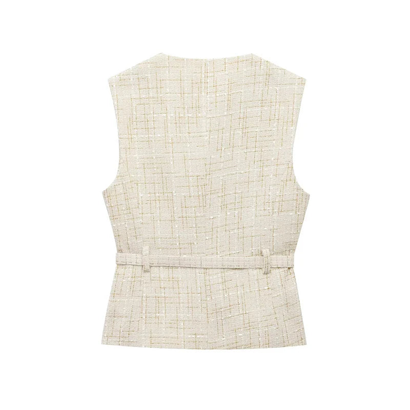 Women's Tweed Waistcoat Fashion with Belt O NeckSleeveless Vests Female Outerwear Chic Tops SwiftNest