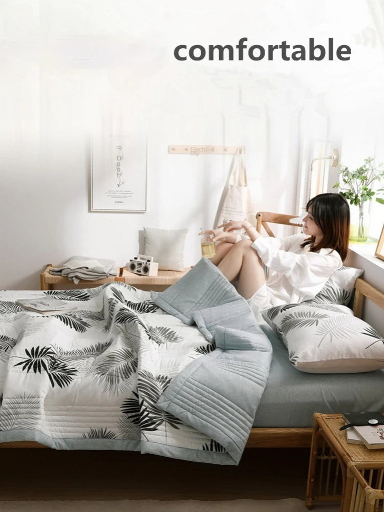 لحاف صيفي من القطن المغسول، لحاف مكيف للهواء، بطانية ناعمة وجيدة التهوية، مفرش سرير مطبوع عليه أوراق رقيقة، غطاء سرير، منسوجات منزلية