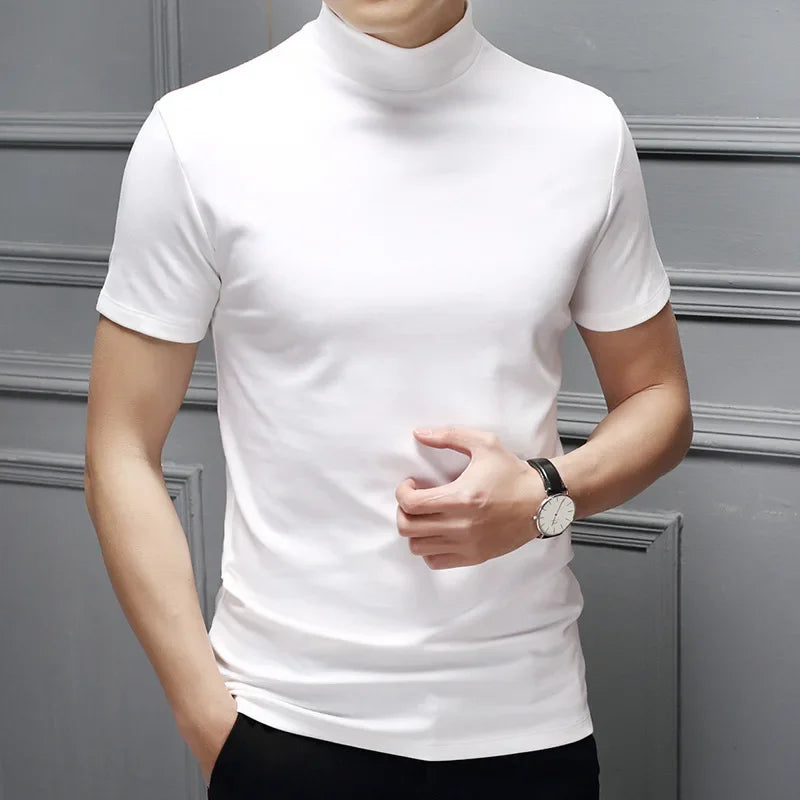 Mens Fashion T-shirt Mock Turtleneck Solid Knit Pullover Sweater Short Sleeve Casual Solid Color Dating Slim Fit Tops Undershirt