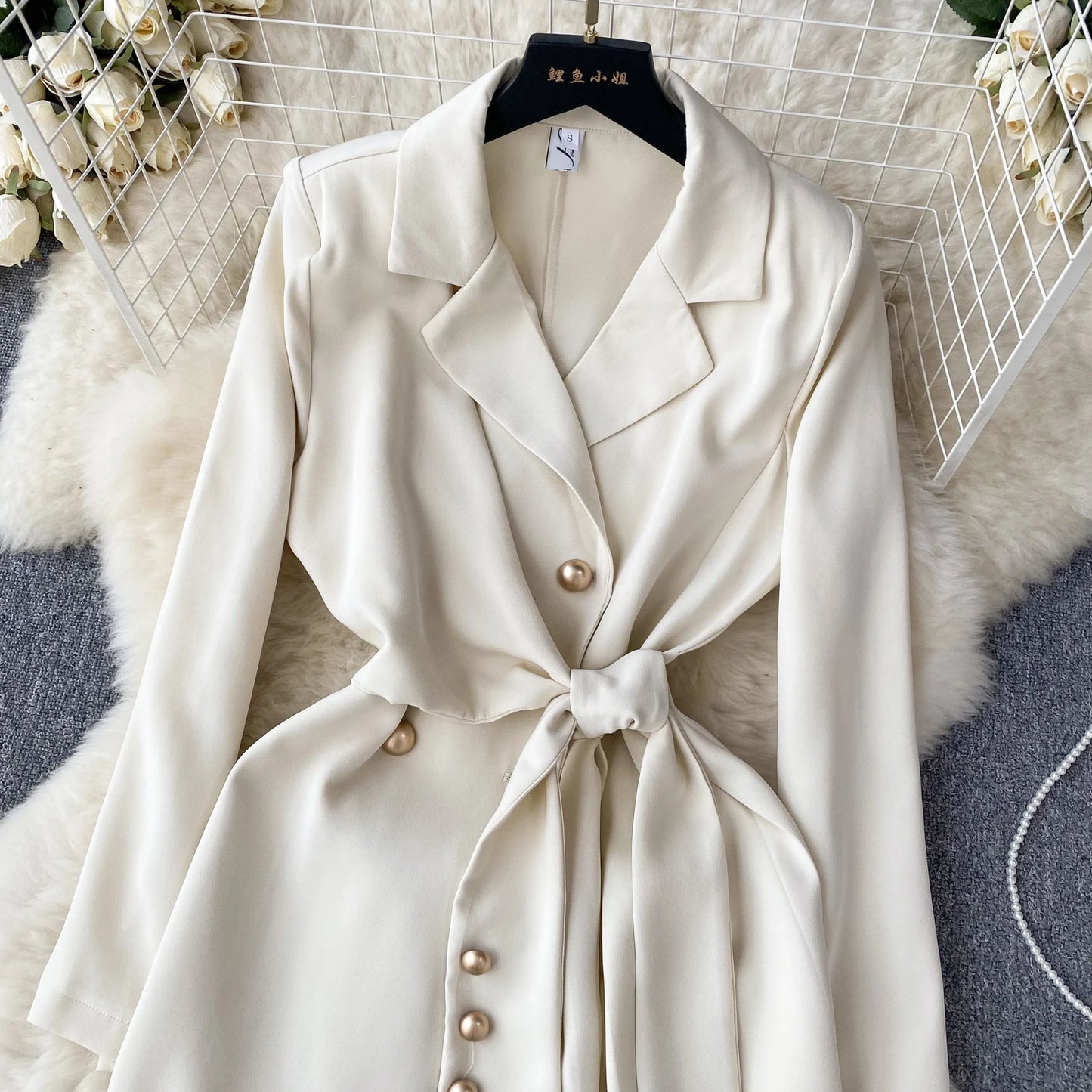 Women's Fashion Trendy Office Coat Dress Ladies Age Reduce Suit Collar Strap Tight Fit Short Pleated Long Sleeve Dress Coat