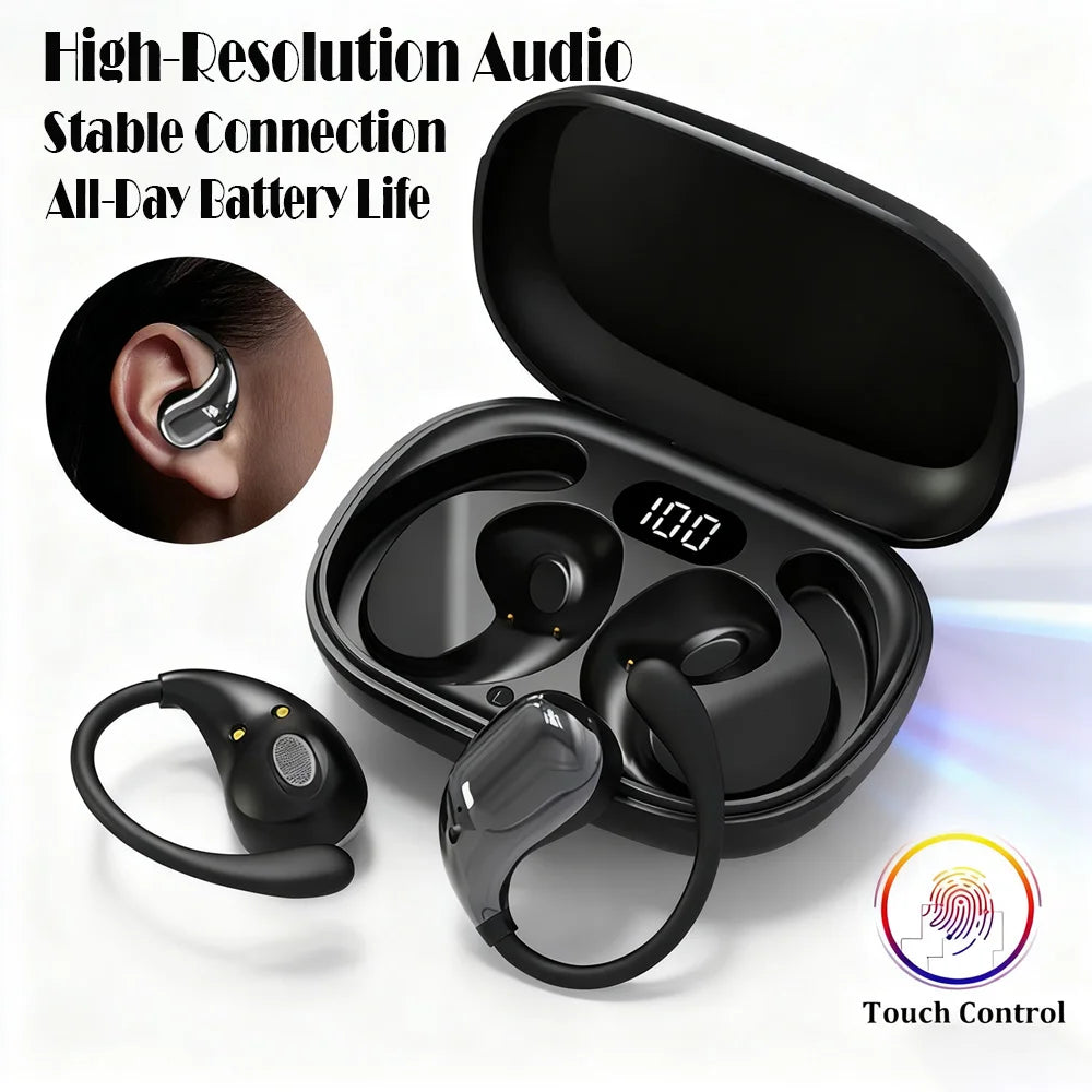 Bluetooth 5.4 Ear Hook Headphones TWS Wireless Earphones HiFi Stereo Waterproof Headsets LED Display Long Standby Touch Earbuds