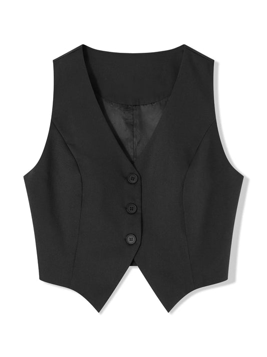 سترات نسائية سوداء بدون أكمام، صدرية رسمية برقبة على شكل حرف V، قميص سهرة، بليزر قصير، سترات رسمية