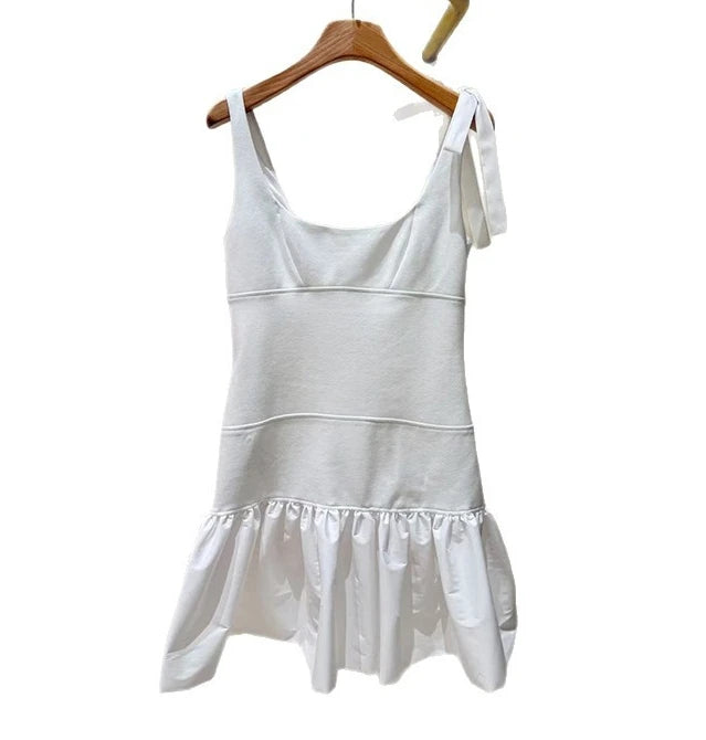 Women's white fashion patchwork dress with ruffled suspenders, slim-fitting square neck, elegant mini dress SwiftNest