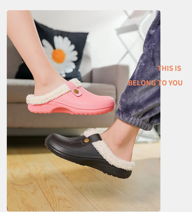 Waterproof Mule Clogs Men Slippers Winter Warm Unisex Fur Slippers House Room Slippers Trend Indoor Floor Shoes Slides For Women