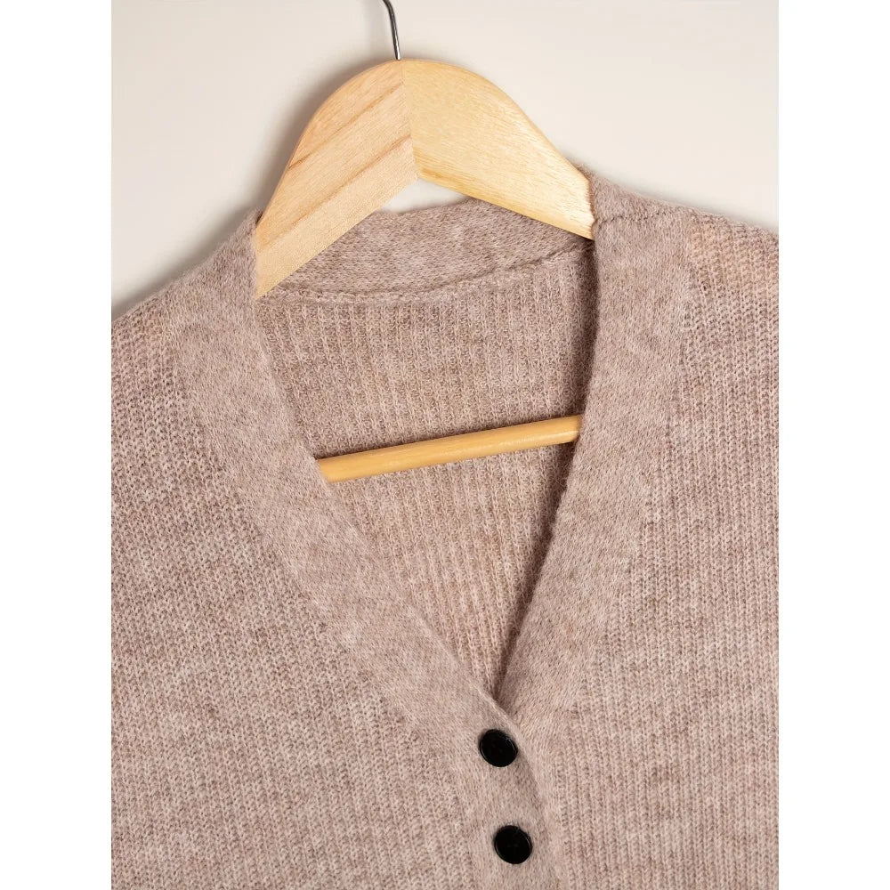 فستان نسائي: كارديجان محبوك رفيع عالي الجودة بفتحة رقبة على شكل حرف V، فستان طويل محبوك متوسط ​​الطول بلون واحد للنساء، سترة واقية من الرياح