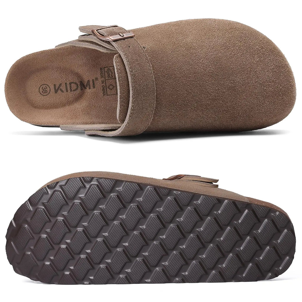 Gacimy Women's Suede Clogs with Arch Support Retro Leather Flat Mules Lady Cork Footbed Sandals Unisex Classic Clogs Slippers