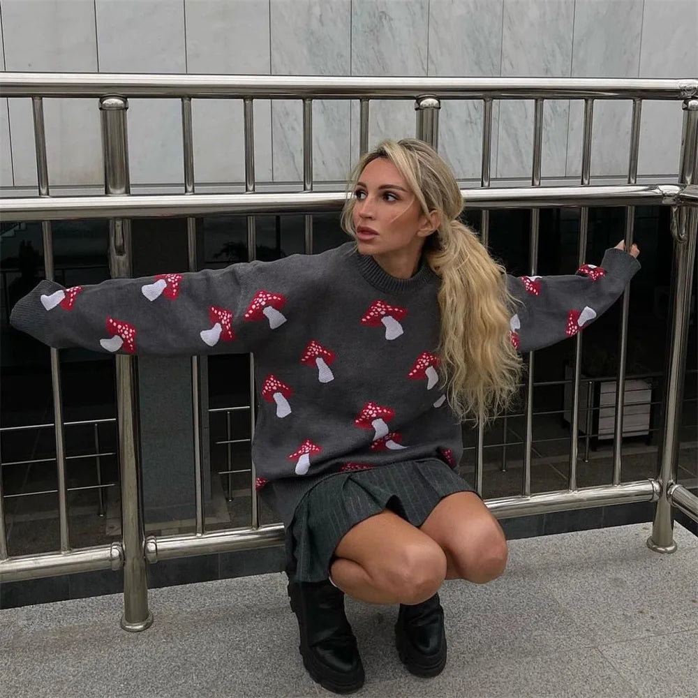 Women's Clothing Trend 2024 New Fashion Mushroom Graphic Print Sweater Long Sleeve Plus Size Tops Loose Casual Street Pullovers