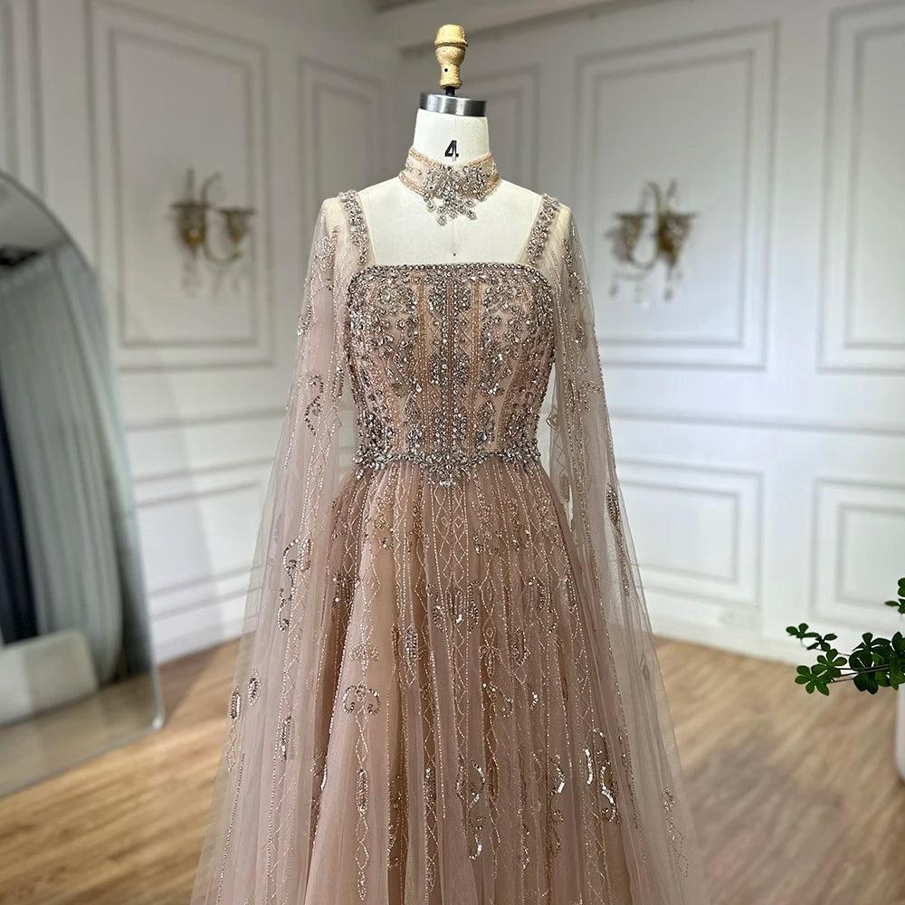 Serene Hill 2025 Arabic Nude A Line Cape Sleeve Crystal Beaded Luxury Evening Dresses Gowns Formal Occasion Customize BLA72764