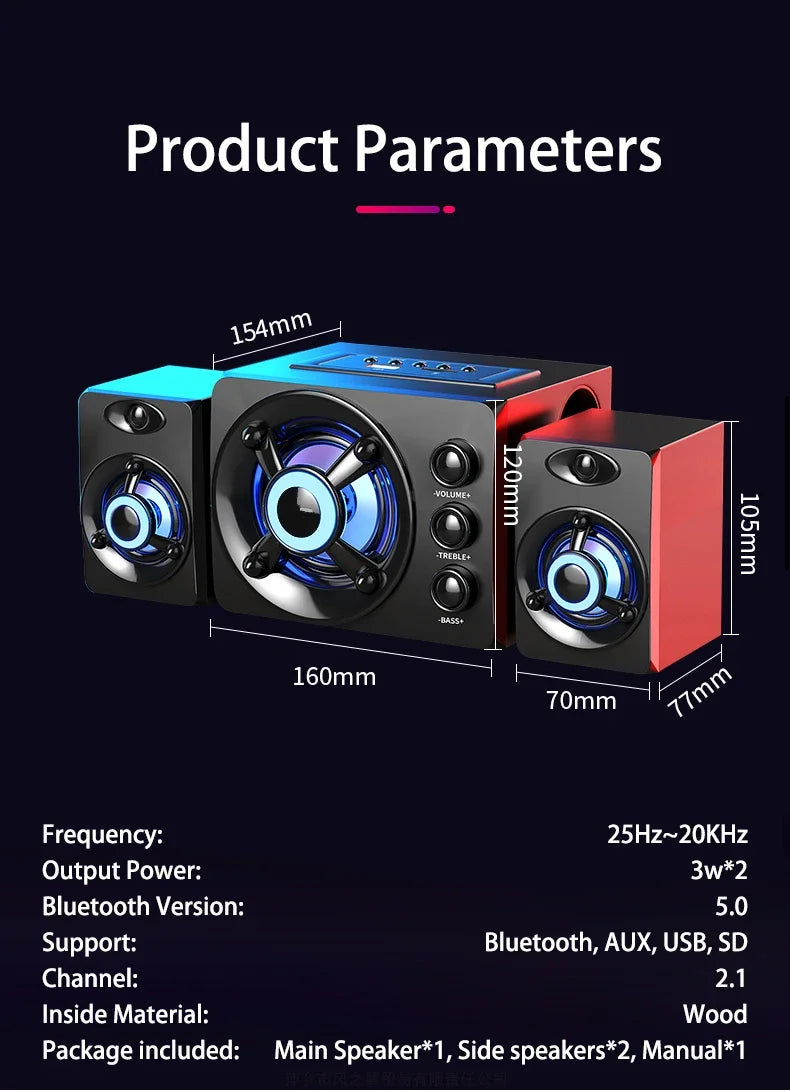 Powerful Bluetooth Speakers Colorful LED Home TV Theater Sound Wireless Subwoofer 3D Stereo Surround Wooden Material USB Wired