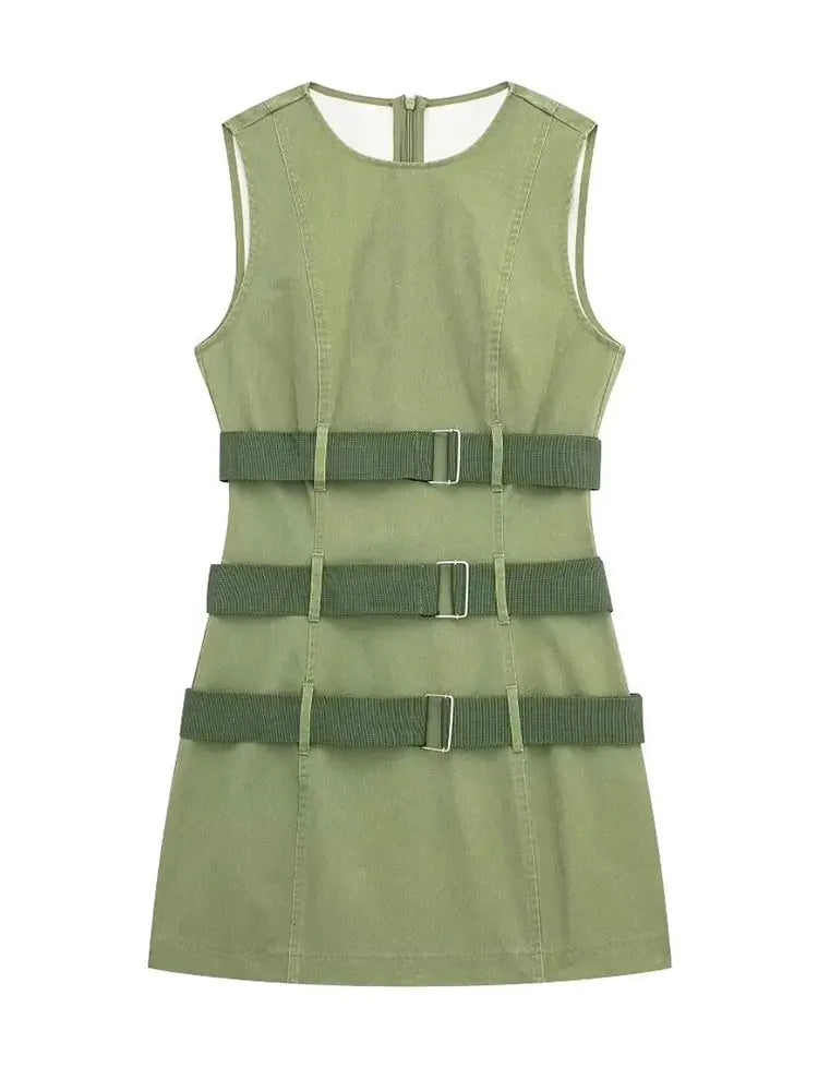 فستان نسائي عصري 2025، فستان صيفي كارجو نسائي مثير نحيف بسحاب بدون أكمام وحزام سادة ورقبة دائرية، فساتين كاجوال