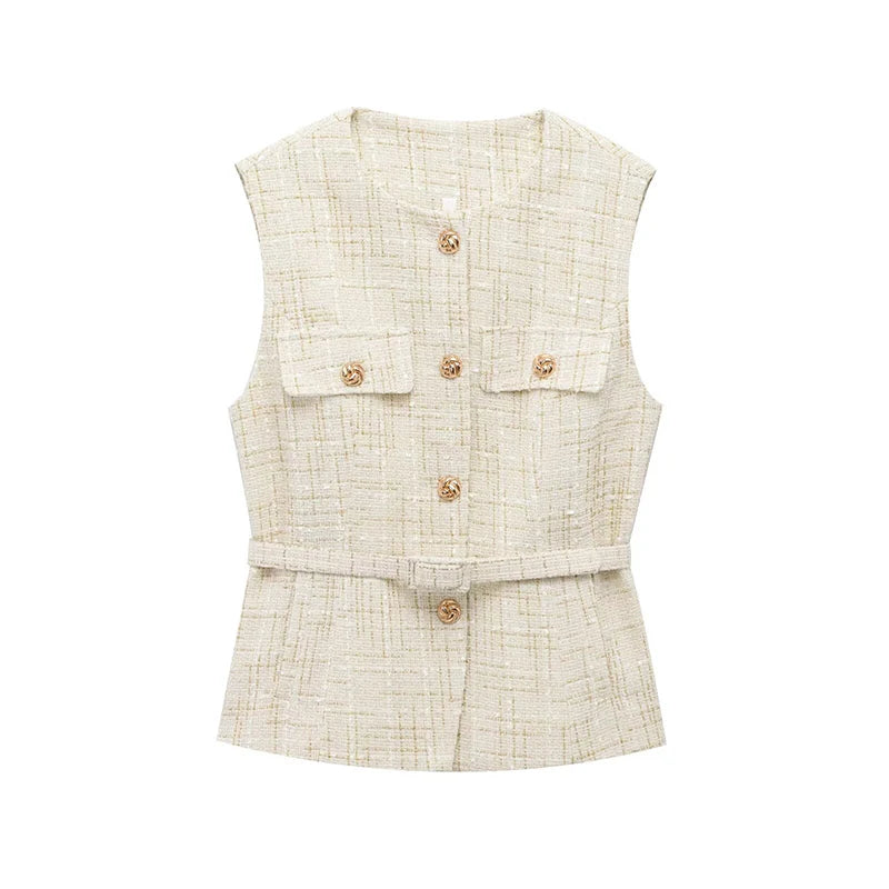 Women's Tweed Waistcoat Fashion with Belt O NeckSleeveless Vests Female Outerwear Chic Tops SwiftNest