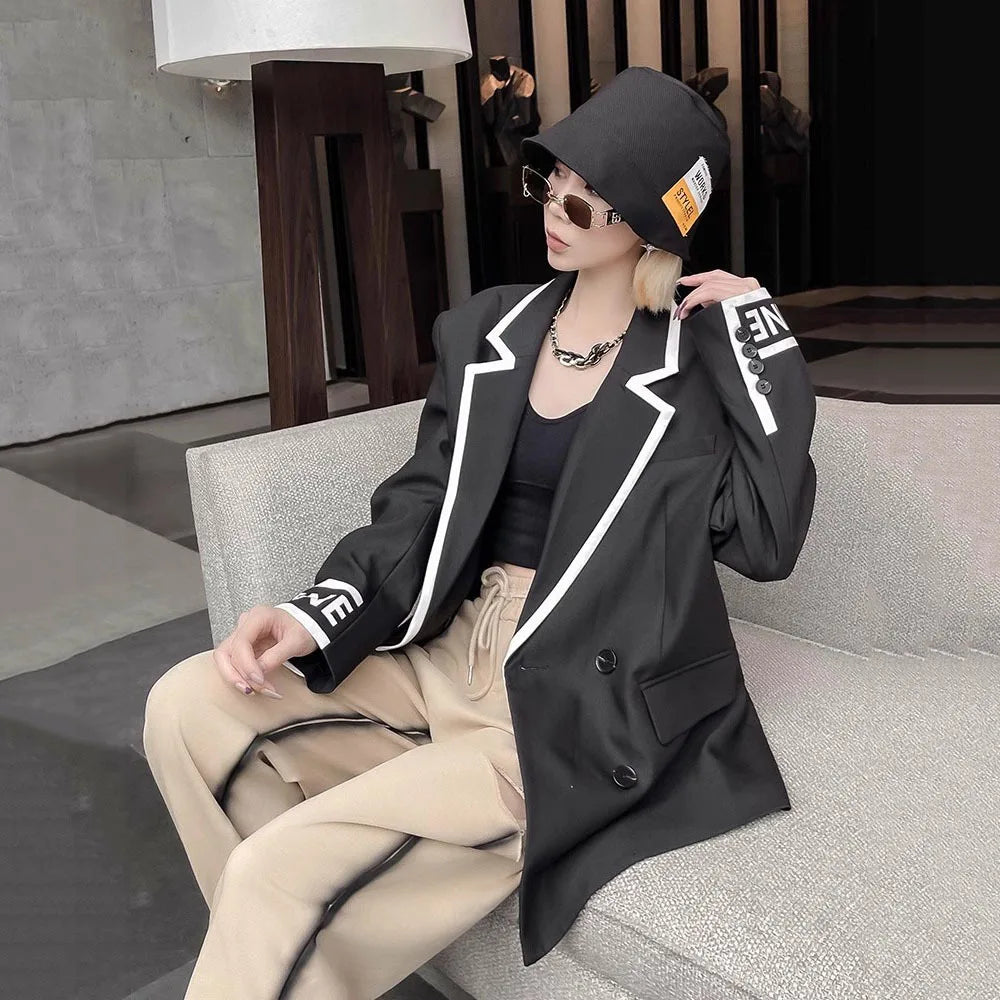 Women Fashion Jacket Wedding Casual Business High Quality Black Blazer Suit Coat Ladies Double Breasted Letter Long Sleeve Tops