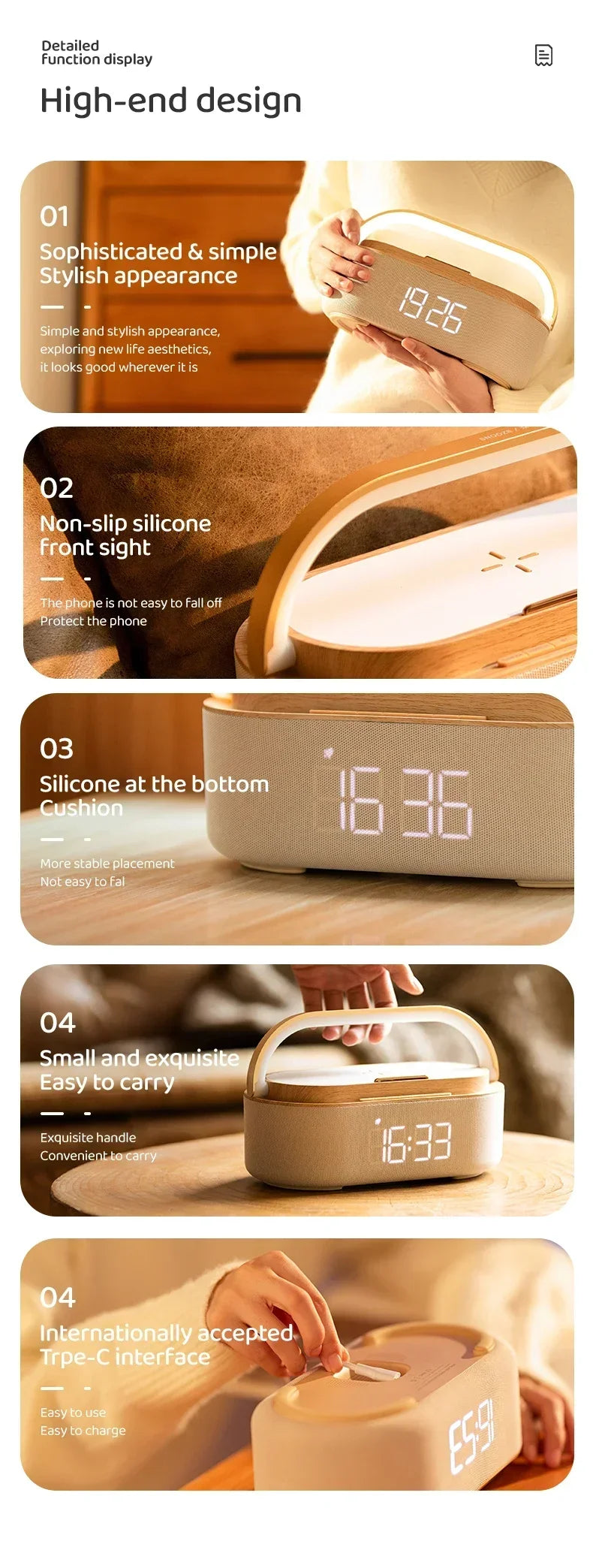 مكبر صوت بلوتوث 2500 مللي أمبير في الساعة يدعم الشحن اللاسلكي 15 وات وشاشة ساعة رقمية وساعة منبه بإضاءة ليلية وستيريو بلوتوث