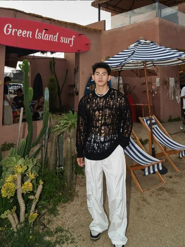 【 Fashion Items 】 Men's Laid-back Style Openwork Long-sleeved T-shirt , See-through Tattered Style Long-sleeved Knitted Sweater