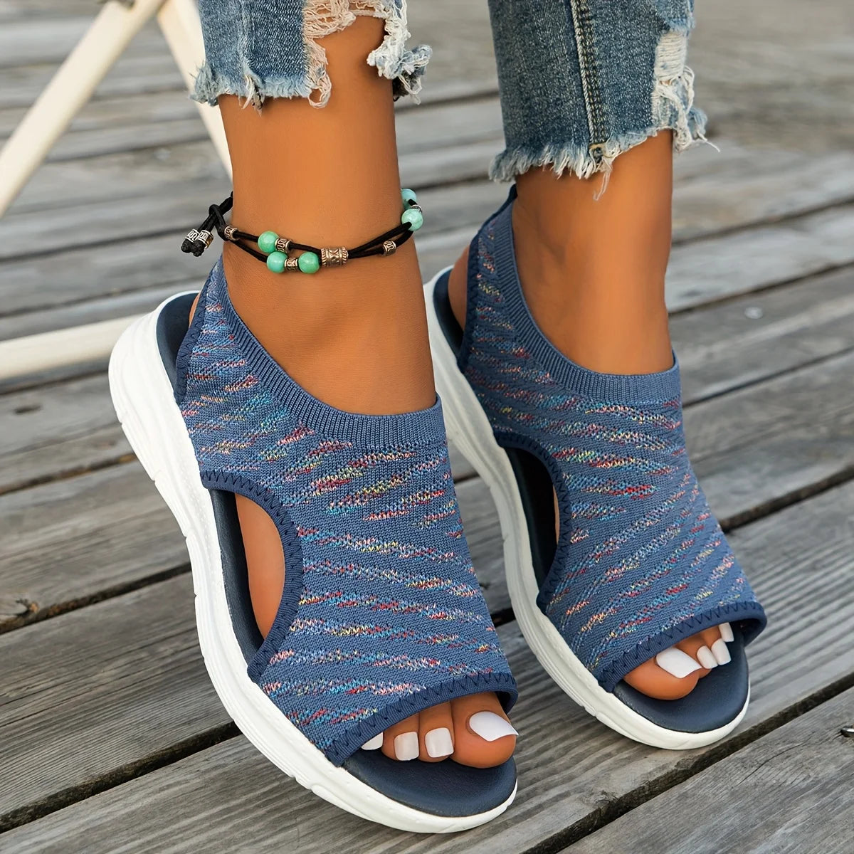 Summer 2024 Flat Bottom Roman Sandals Casual Knitting Comfortable Ladies Shoes Women's Slip-on Walking Shoes
