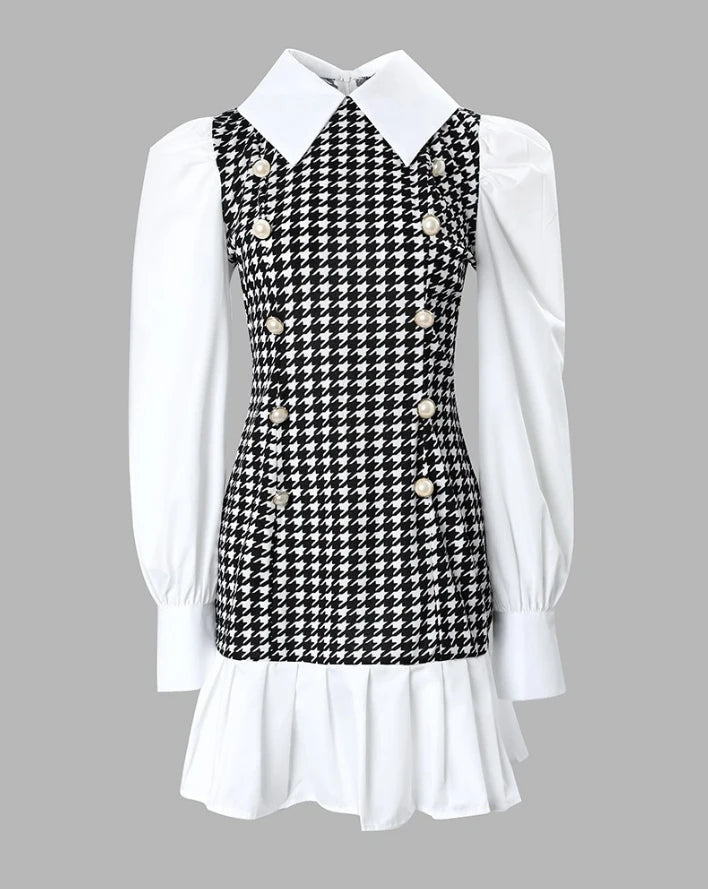 Womens Dresses 2024 Spring Fashion Houndstooth Button Decor Puff Sleeve Ruffle Hem Elegant Turn-Down Collar Daily A Line Dress SwiftNest