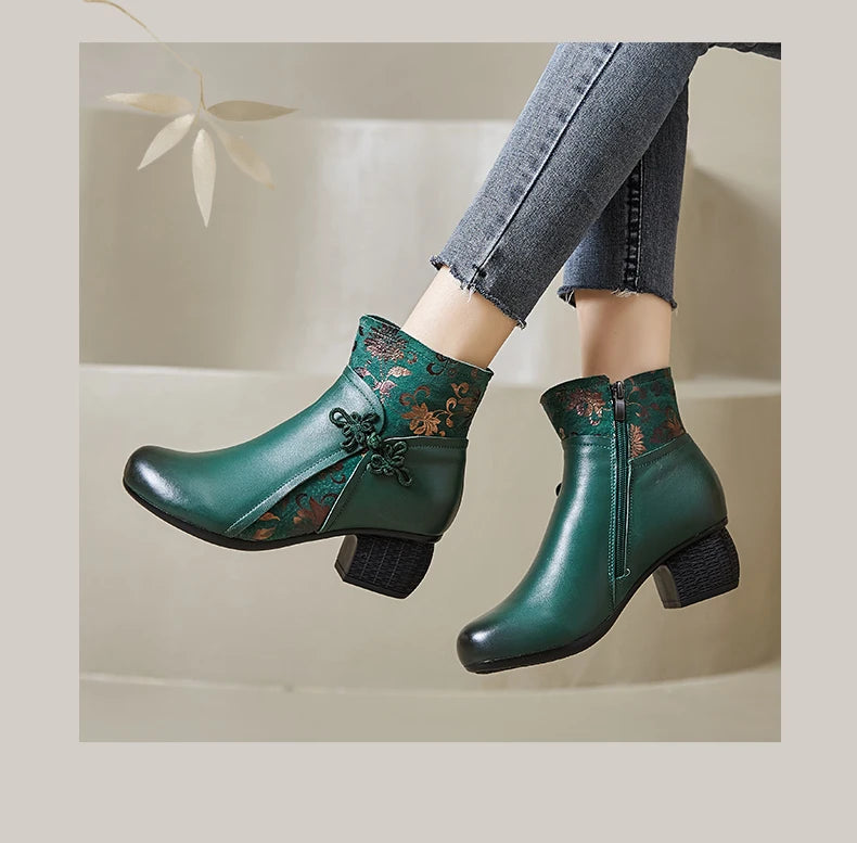 GKTINOO Genuine Leather Ankle Boots 2025 Winter New Ethnic Printed Women's Boots Soft Soles Thick Heels Mother's Leather Boots