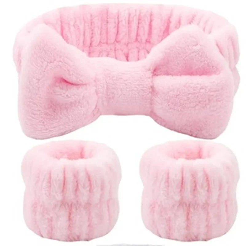 مجموعة من 3 قطع من عصابة رأس لغسل الوجه، أداة تنظيف الوجه، ربطة شعر على شكل فيونكة، أساور معصم مرنة لغسل الوجه