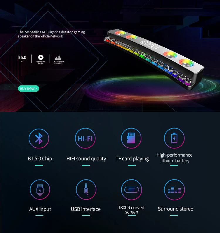 مكبرات صوت بلوتوث عالية الجودة، شريط صوت RGB ثلاثي الأبعاد، ستيريو محيطي، مضخم صوت، AUX، راديو FM، ساعة منزلية، كمبيوتر، مركز موسيقى، جديد وجذاب