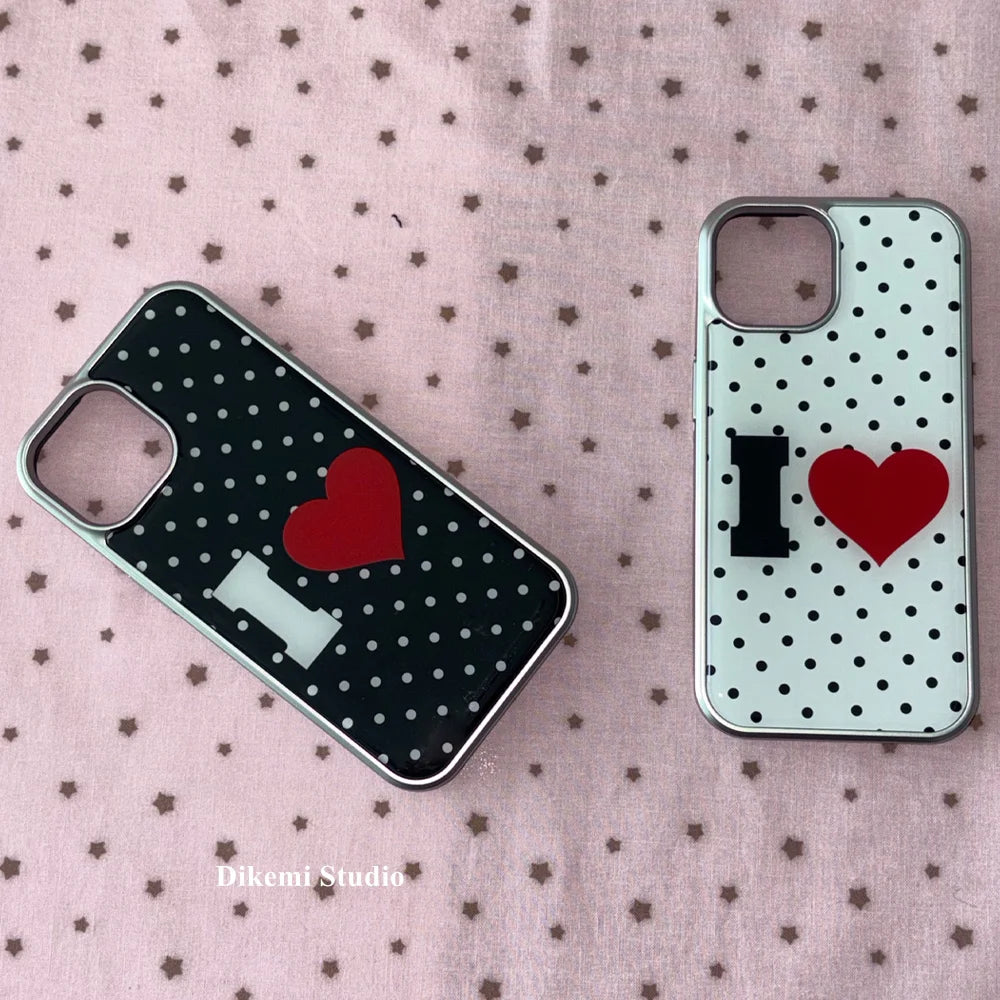 Korean Ins Black White Polka Dot Cute Red Love Kawaii Phone Case For iPhone 16 E 15 14 13 12 11 Pro Max XR XS 7 8 Plus Y2K Cover
