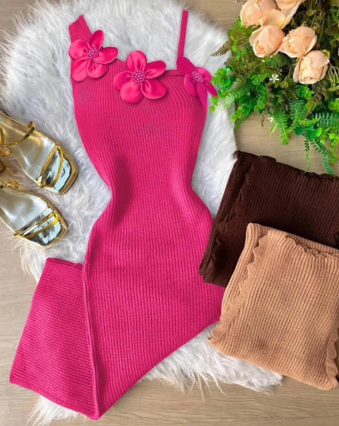 Sexy Elegant Dresses for Women New Fashion 2024 Autumn Spring Summer Casual Floral Pattern Beaded Knit Bodycon Dress