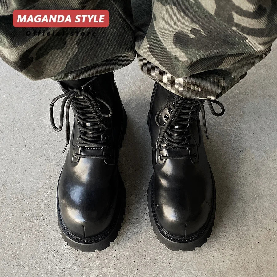 Original short leather boots for men height increasing thick soled color blocked workwear wind-driven motorcycle high top shoes