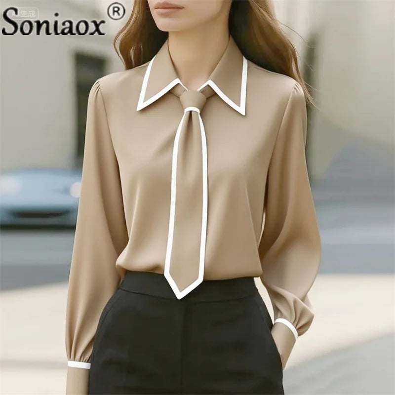 Women Elegant Fashion Lace up Patchwork Blouse Spring Autumn Casual Long Sleeve Lapel Shirt Office Lady French Shirt Tops 2025
