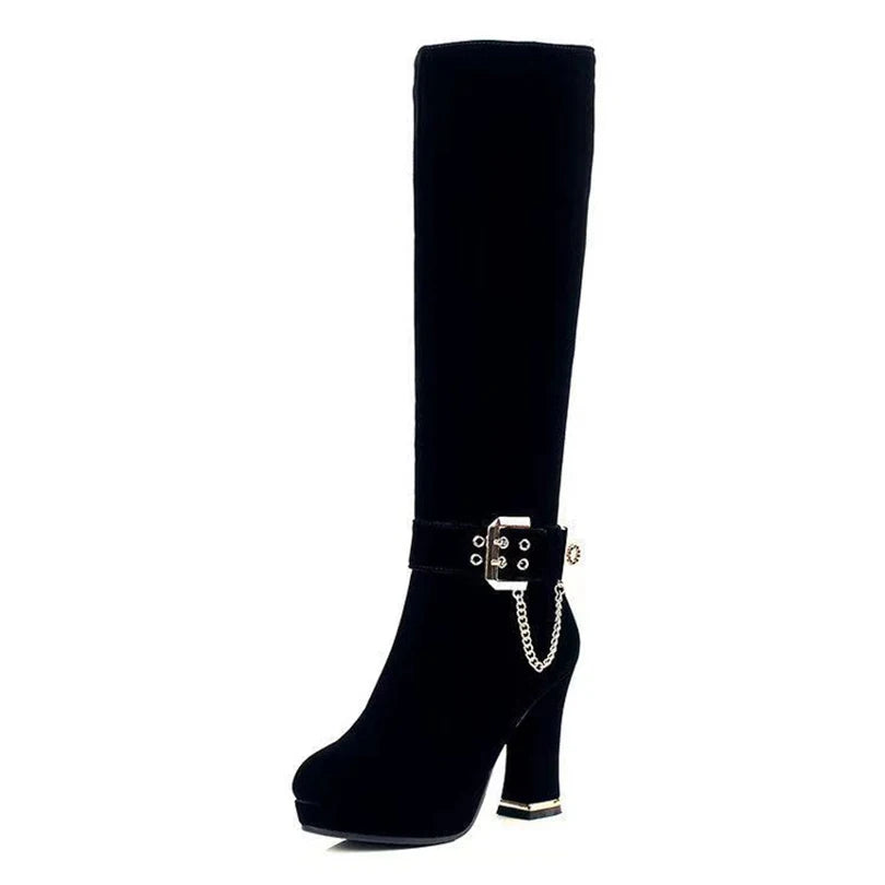 Ankle Metal Belt Buckle Metal Chain Frosted Flock Women's Elastic Boots Platform Ultra-High Thick Heel Zipper Knee High Boots