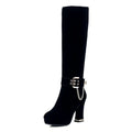 Ankle Metal Belt Buckle Metal Chain Frosted Flock Women's Elastic Boots Platform Ultra-High Thick Heel Zipper Knee High Boots