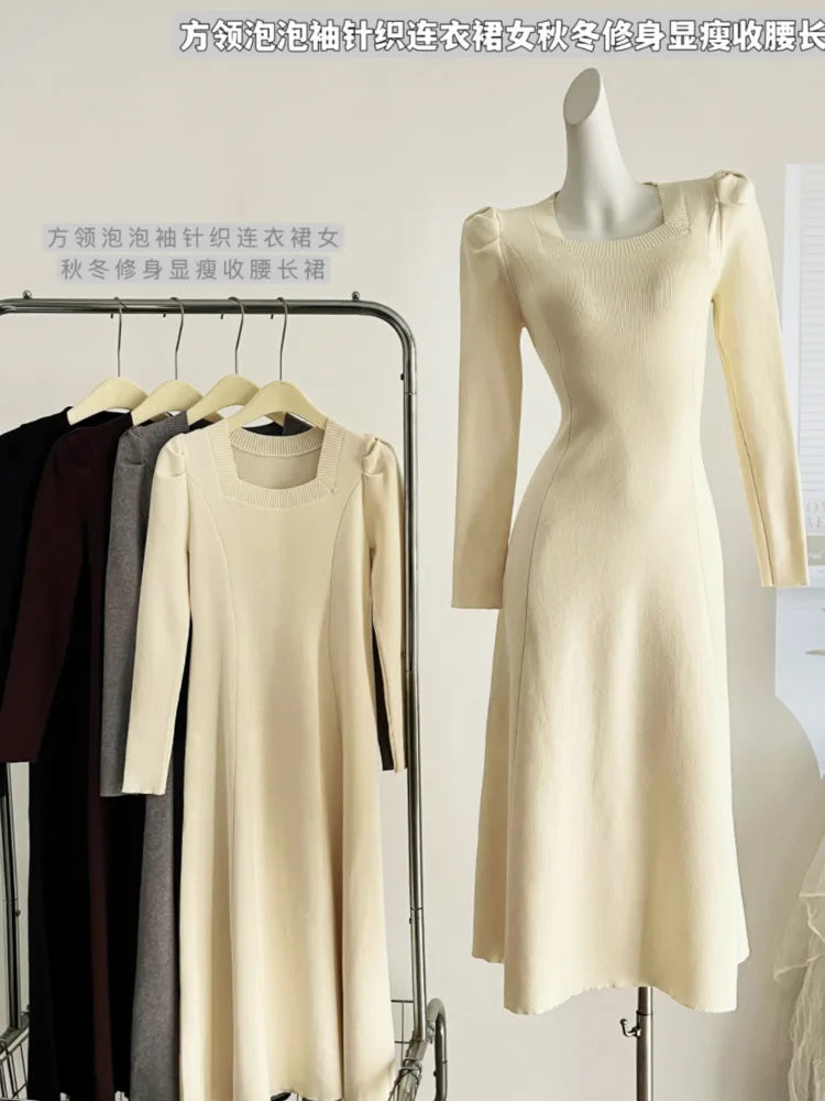 French Fashion Casual Women Inside Knitted Long Dress 2025 Spring New Long Sleeves Elegant Party Dresses Simple Vestidos Largos SwiftNest
