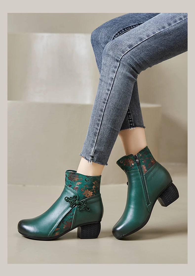 GKTINOO Genuine Leather Ankle Boots 2025 Winter New Ethnic Printed Women's Boots Soft Soles Thick Heels Mother's Leather Boots