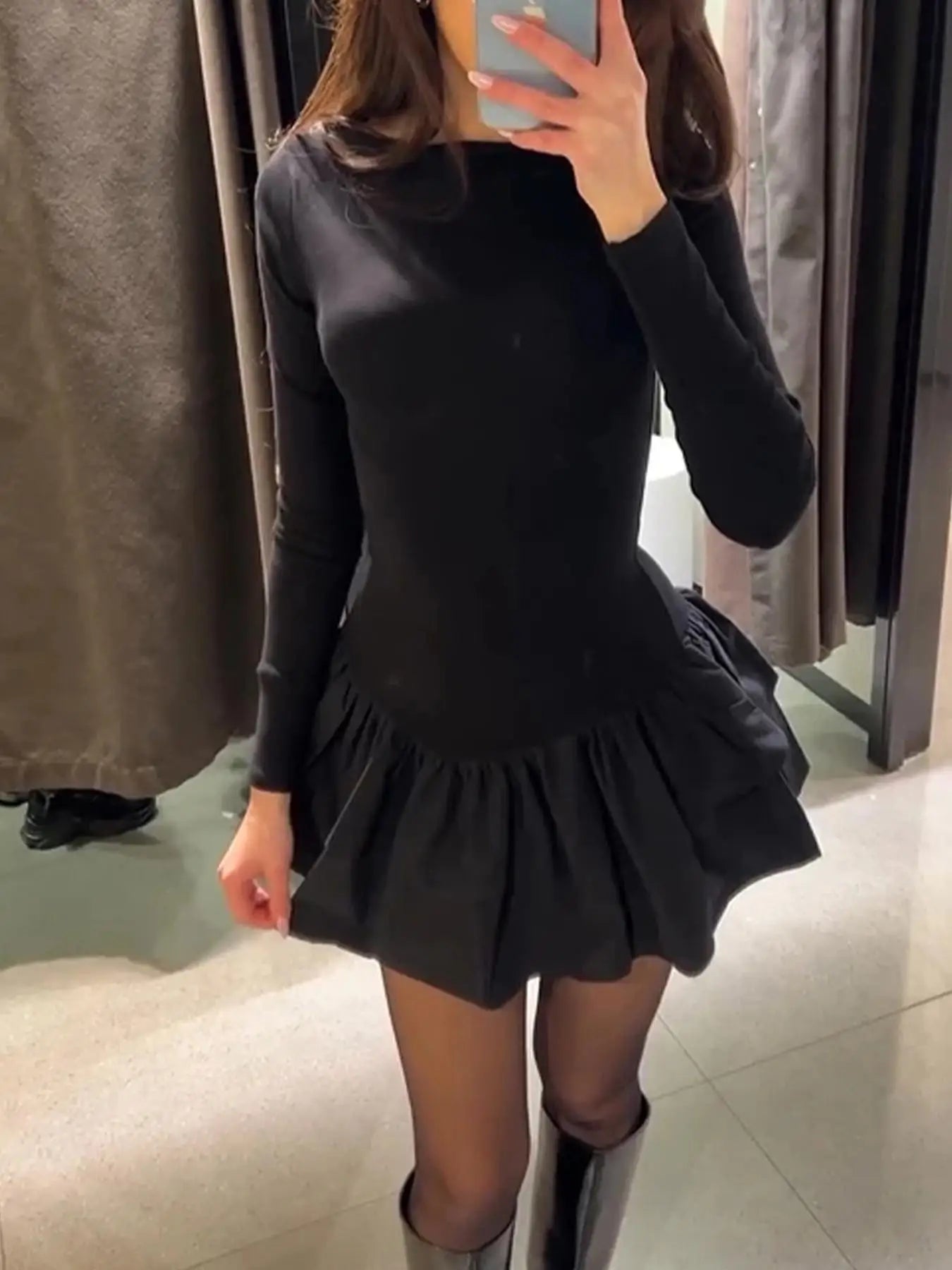 Women Fashion Solid Tierred Ruffle A-Line Dress Spring Elegant O Neck Slim Fit Mini Dress Autumn Long Sleeve Simple Boho Dresses