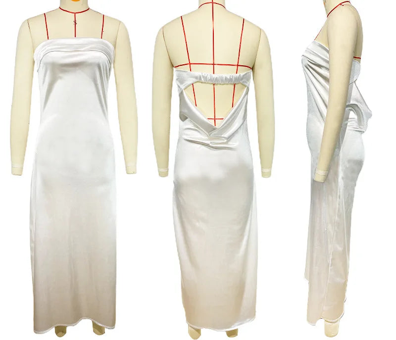 2025 New Fashion Women Sexy Dress Solid Color Wrapp Chest Elastic Backless Satin Dresses Casual Summer Bodycon Dress Party Dress