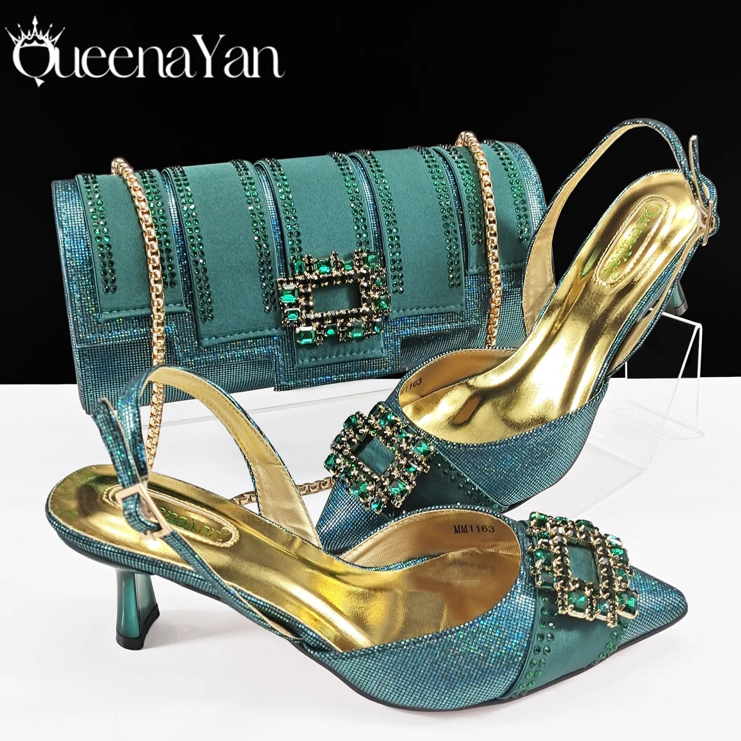 Spot Goods Italian Fashion Women Heels Elegant Color Block Design Brown Shoes And Bag Full Rhinestone Party Bag