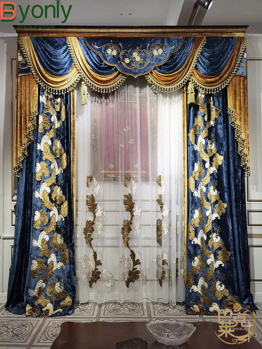 European Curtains for Living RoomCustom New High-end Villa  French Bedroom Velvet Embroidered American Cotton Wool Large Flowers