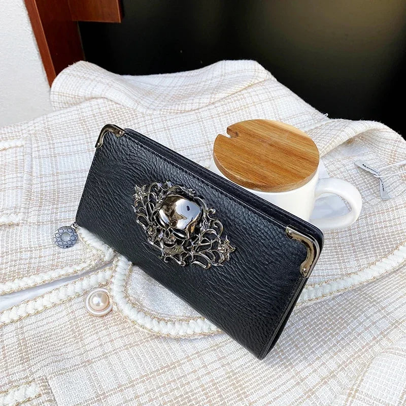 محافظ طويلة للنساء والرجال بتصميم علامة تجارية فاخرة شهيرة، محافظ على شكل جمجمة بانك للسيدات والفتيات، وجيب للنقود وحامل للبطاقات وحقيبة للهاتف