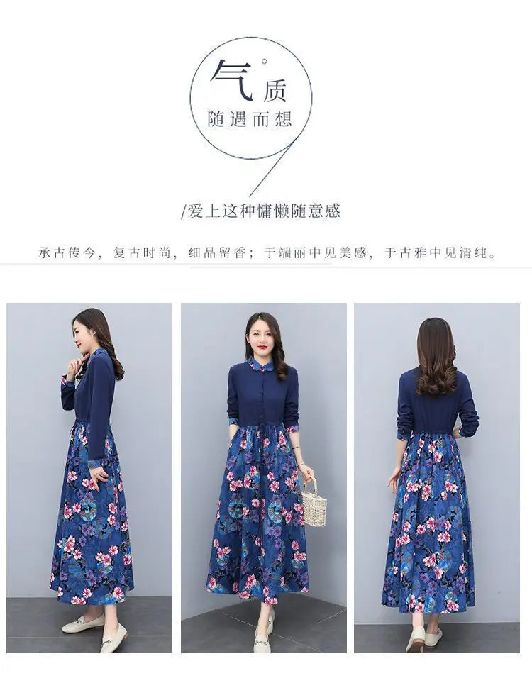 Women's Clothing Casual Printed Dresses Spring Autumn New Single-breasted Fashion Turn-down Collar Commute Drawstring Long Dress