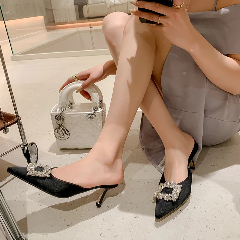 Drestrive 2022 Fashion Mules Crystal Knot Pointed Toe Women's Pumps Thin High Heel Summer Shoes Purple Dress Satin