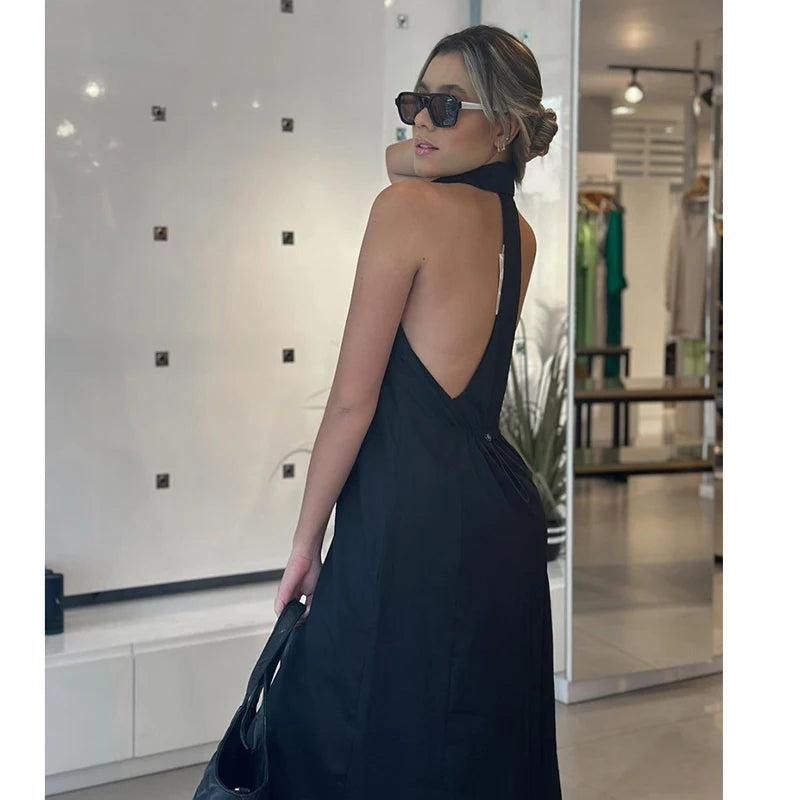 Women's 2025 New Dresses Summer Chic Elegant Loose Hanging Neck Long Dress Women's Holiday Street Fashion Youth Dress
