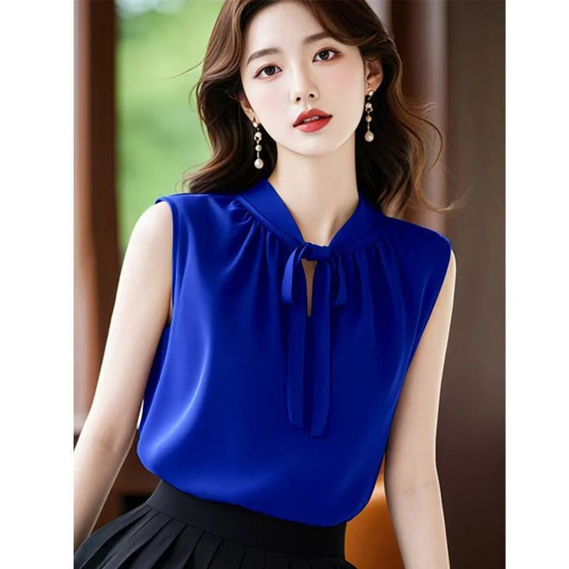 French Women Fashion Chiffon Blousees Vest Summer Ladies Bow Blouse Waistcoat High-grade Female Solid Color Sleeveless Shirts