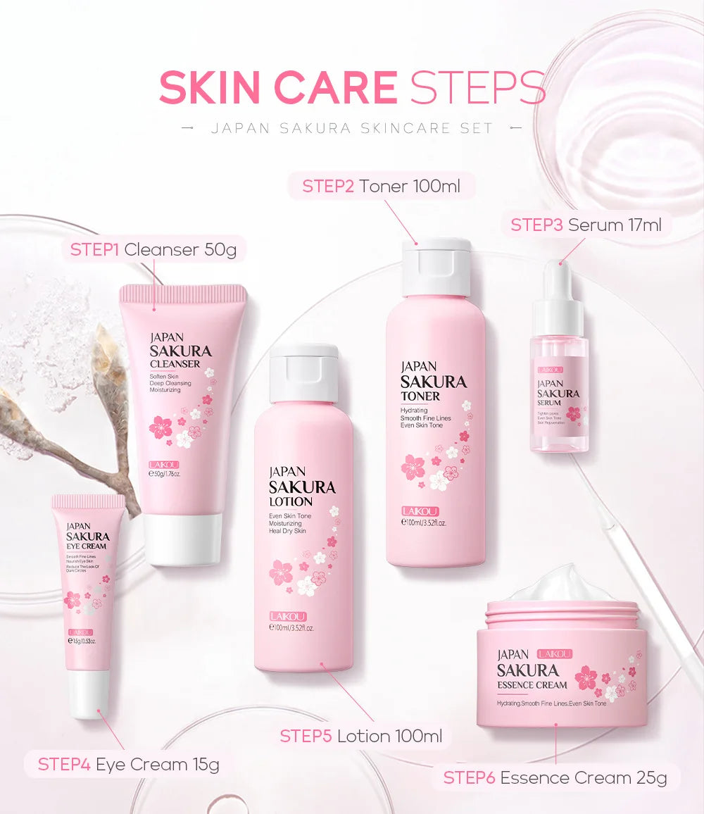 Laikou 6pcs/set Sakura Skin Care Sets Facial Cleanser Moisturizing Eye Creams Face Cream Serum Lotion Skin Care Kit