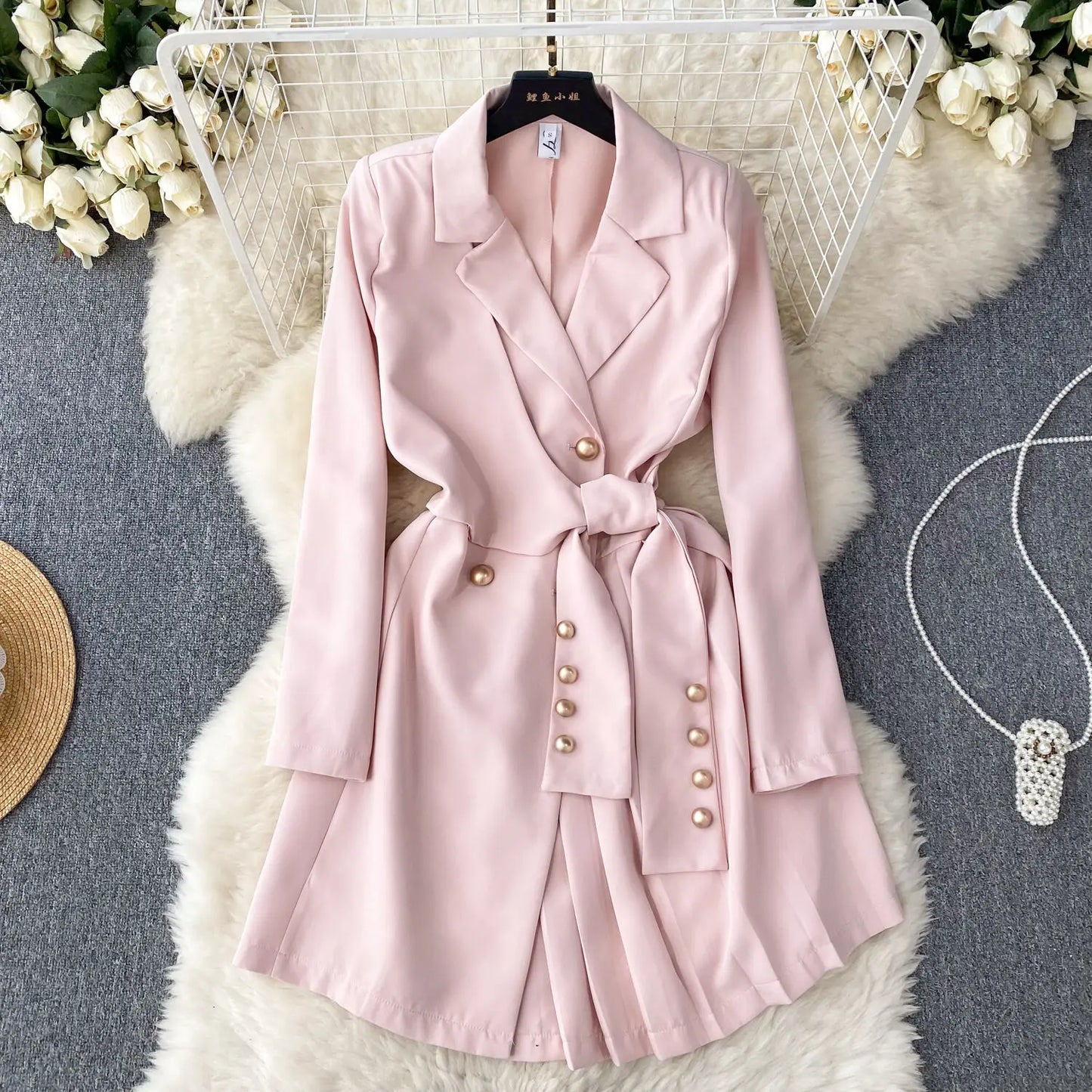 Women's Fashion Trendy Office Coat Dress Ladies Age Reduce Suit Collar Strap Tight Fit Short Pleated Long Sleeve Dress Coat