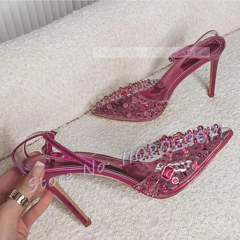Studded Skinny Heels Pvc Sandals Women Summer Luxury Colorful Gems Clear Shoes Female Sweet Pointy Ankle Strap Banquet Sandals