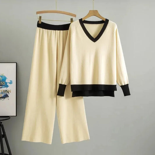 طقم بدلة كاجوال عصري للنساء لربيع وخريف 2025، يتكون من سترة فضفاضة بفتحة على شكل حرف V وبنطلون واسع الساق، مكون من قطعتين