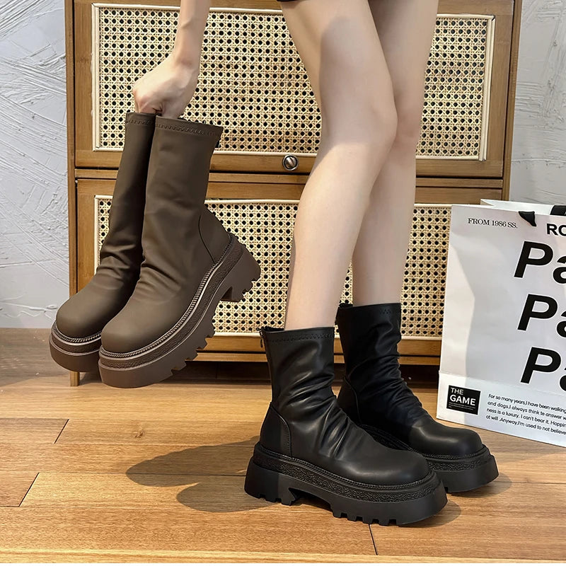 Platform Heel Women Short Booties Fashion Back Zippers Ankle Booties Retro Style Autumn Winter Female Shoes